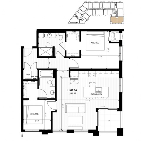 Floor plan for 2 beds, 2 baths, 1085 sqft
